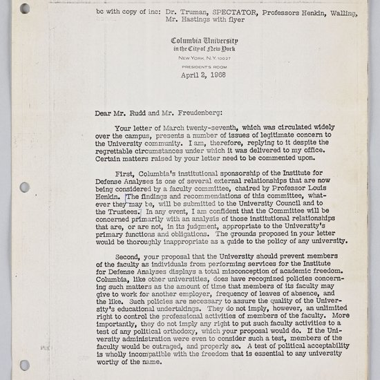 Image of April 2, 1968 letter from President Kirk in response to Rudd and Freudenberg.