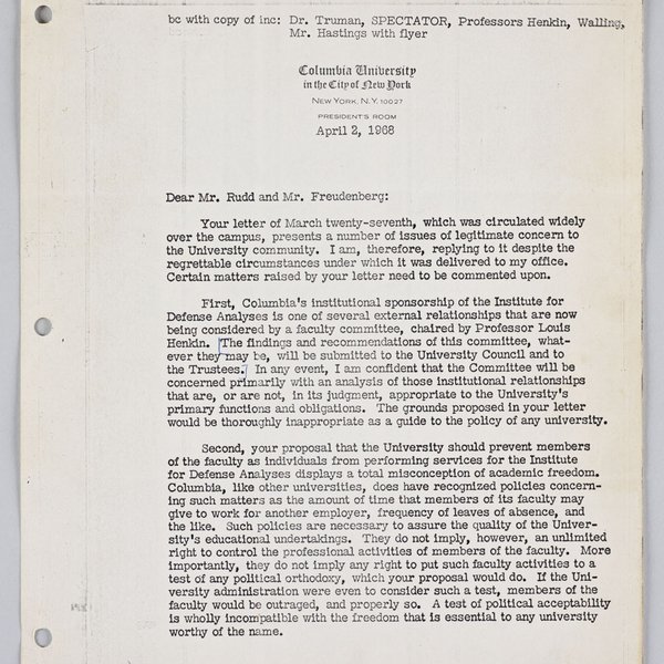 Image of April 2, 1968 letter from President Kirk in response to Rudd and Freudenberg.