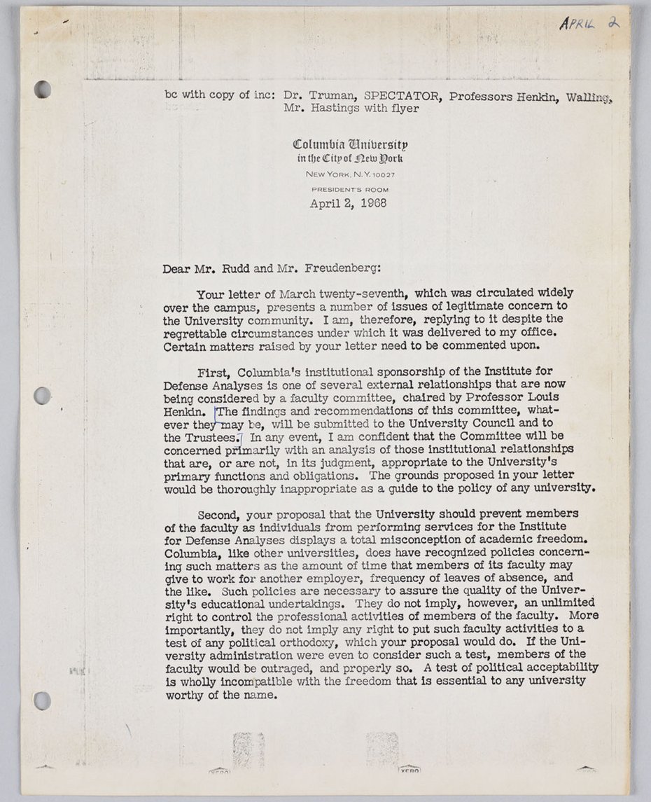 Image of April 2, 1968 letter from President Kirk in response to Rudd and Freudenberg.