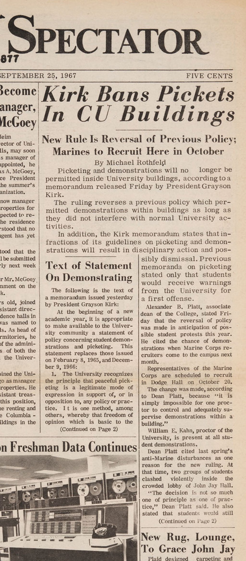 Image of "Kirk Bans Pickets in CU Buildings: September 25, 1967 "