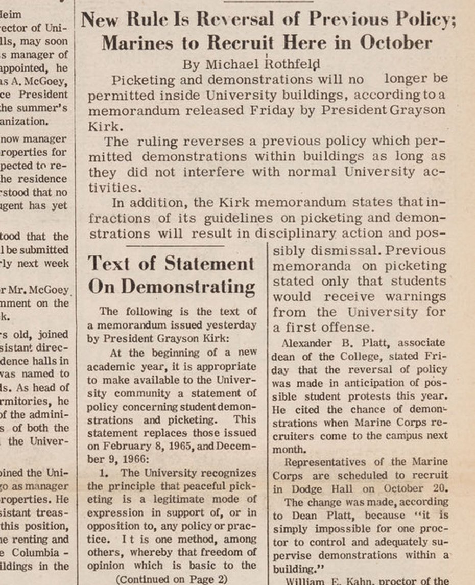 Image of "Kirk Bans Pickets in CU Buildings: September 25, 1967 "