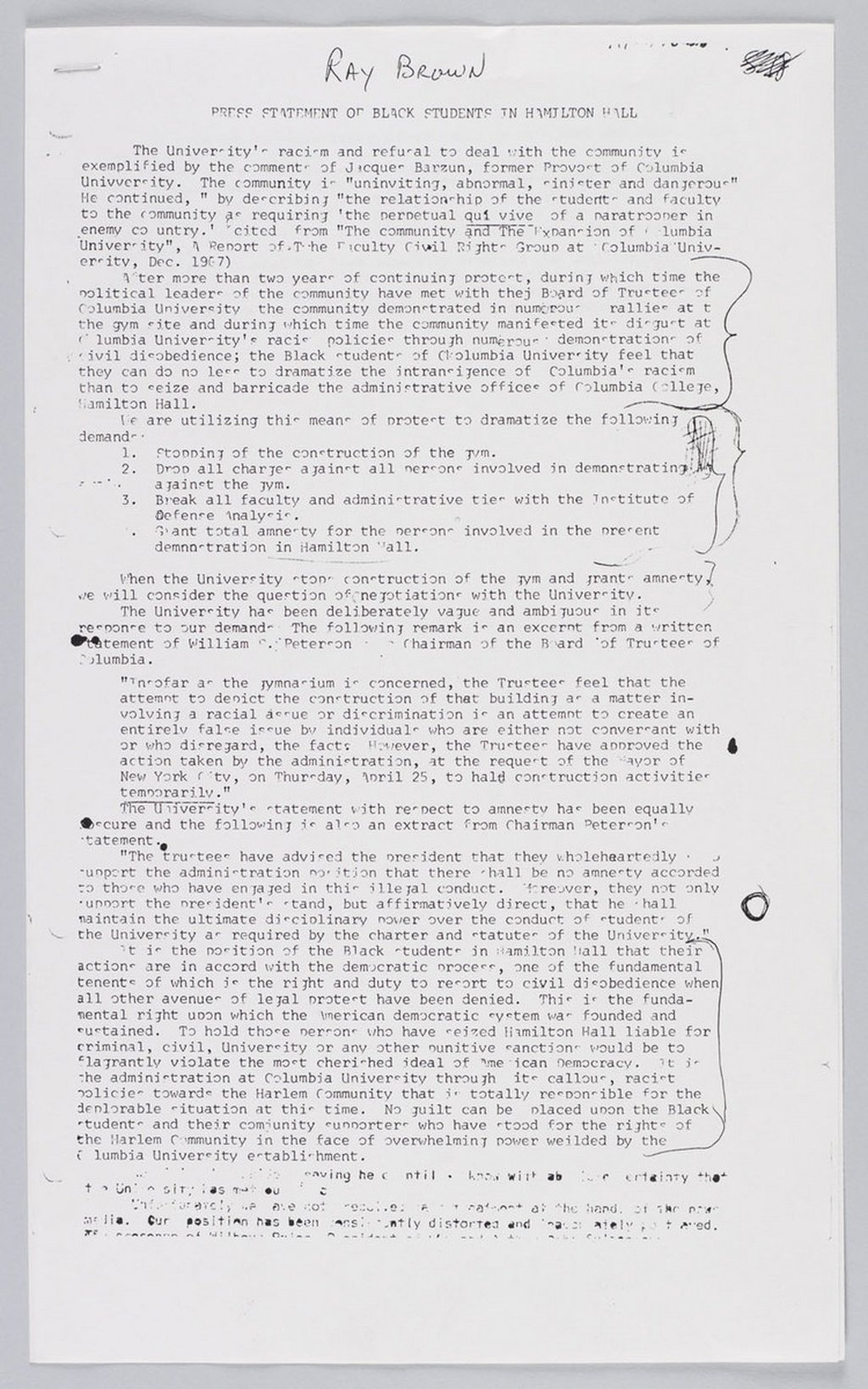 Image of Statement from black students occupying Hamilton Hall