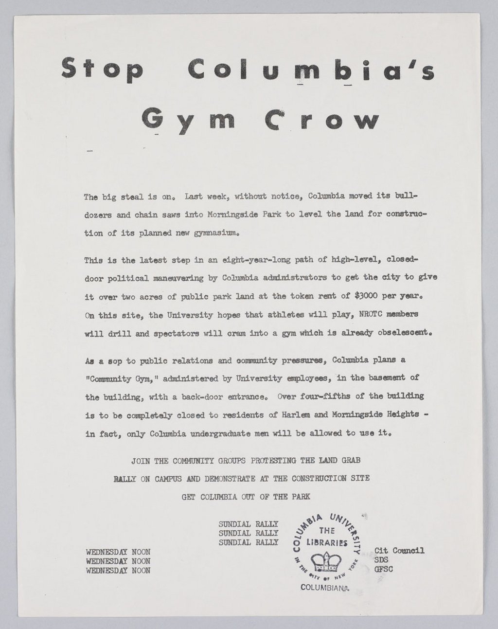 Image of "Stop Columbia's Gym Crow"