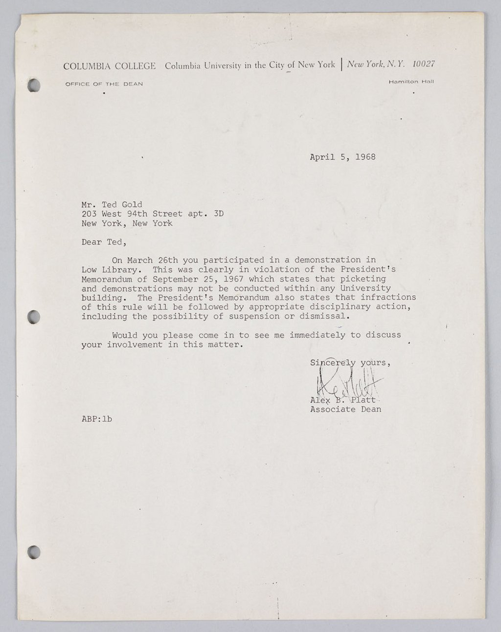 Image of Associate Dean, Alex B. Platt to Columbia College student Ted Gold, April 5, 1968