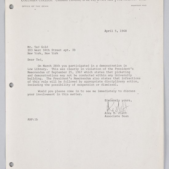 Image of Associate Dean, Alex B. Platt to Columbia College student Ted Gold, April 5, 1968