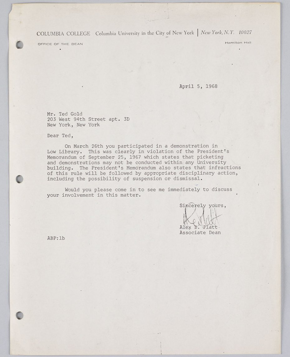 Image of Associate Dean, Alex B. Platt to Columbia College student Ted Gold, April 5, 1968